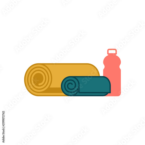 Fitness Equipment Vector Illustration with Rolled Yoga Mats and Water Bottle in Flat Design Style