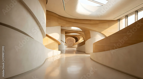 Modern curved interior hallway with smooth light colored walls with architectural hallway flowing