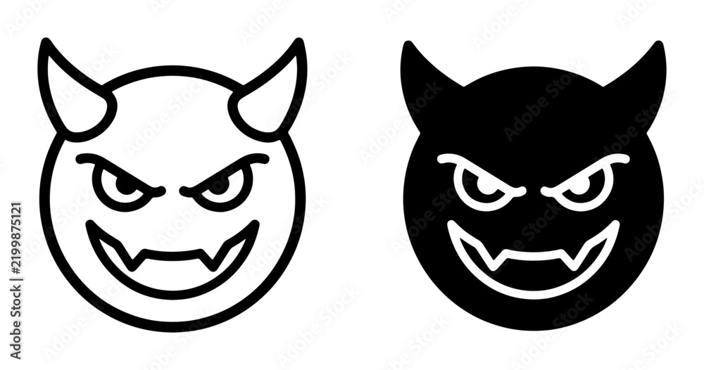Fototapeta premium Evil Devil Face Icons, Spooky Demon Head Symbols, Scary Monster Emblems, Halloween Character Graphics, Black and White Vector Art