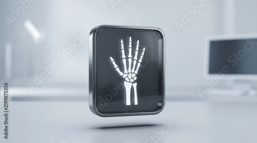 Hand X-ray 3D icon with glowing bone symbol on metallic badge floating in modern clinic office for medical radiology app and healthcare technology