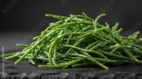 Fresh green samphire succulent stems on a dark slate surface for culinary use