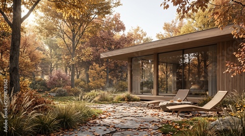Serene luxury wellness retreat in an autumn forest during morning light