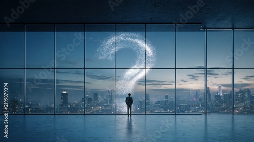Luxury conceptual photograph of a person seen from behind standing before a large transparent glass wall displaying one enormous illuminated question