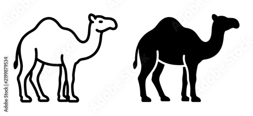 Camel Icons, Silhouette and Outline Vector Graphics. Desert Animal Symbols for Travel and Wildlife Concepts.