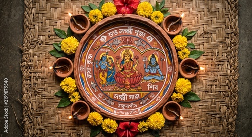 Traditional Bengali Painted Lokkhi Sara with Terracotta Diyas, Marigold Flowers, and Hibiscus on Straw Mat for Kojagari Lakshmi Puja