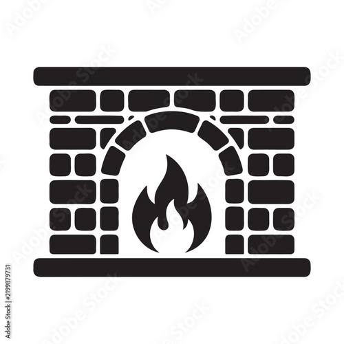 Classic brick fireplace icon with warm burning fire black and white fireplace