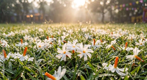 Fallen Shiuli Flowers on Dewy Green Grass at Sunrise, Autumn Morning Durga Puja Agomoni Concept   