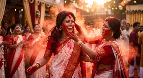 Bengali Women in Traditional Red and White Saree Celebrating Sindoor Khela Ritual During Durga Puja   