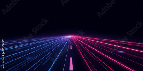 Light Trails on Highway at Night with Speeding Traffic, Glowing Motion Blur, Dark City Road and Futuristic Energy Background
