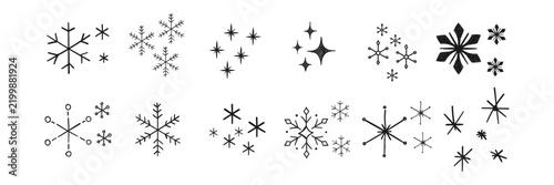 Hand drawn snowflake and star doodle collection. Black pencil line sketch snowflake element set for winter, holiday card design. Childish scribble sparkle and crystal starburst pack.