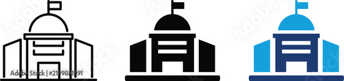 Capitol government building icon. Dome structure with flag symbol. Simple pictogram for public administration, state governance, city hall, official government house, civic center architecture