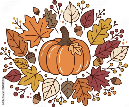 Autumn pumpkin surrounded by colorful leaves and acorns a vector illustration