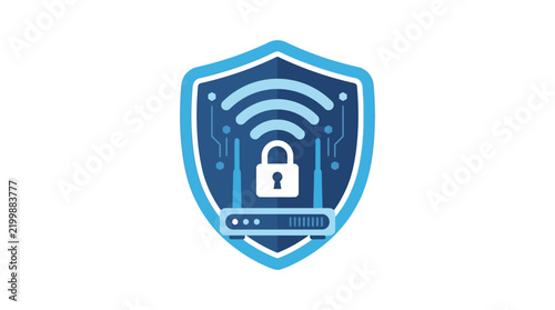 Secure Wi-Fi network and wireless router protected with a blue cybersecurity shield concept icon
