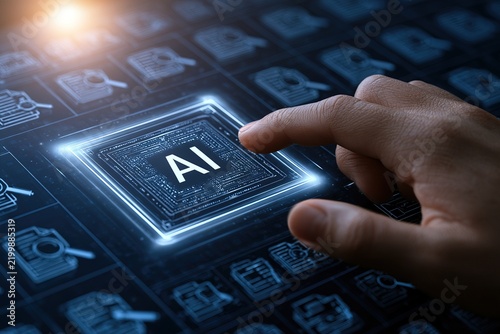 A fingertip touches an illuminated AI microchip on a digital circuit board, symbolizing human interaction with artificial intelligence and advanced computing.