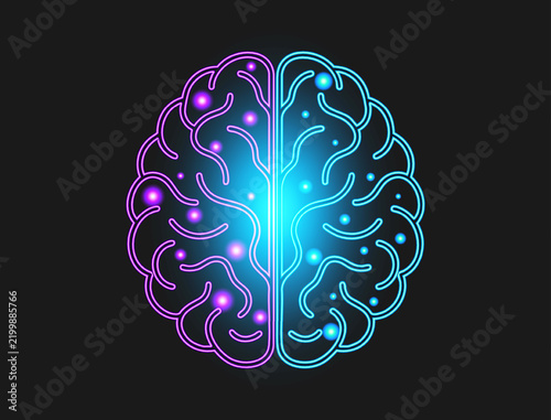 Glowing neon brain with blue and purple lights representing artificial intelligence and digital technology.