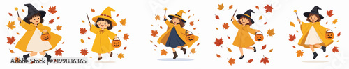 Vector illustration of a little girl jumping happily in a wizard costume celebrating Halloween.