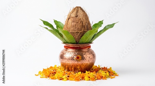 Traditional Kalash with coconut and mango leaves for Navratri