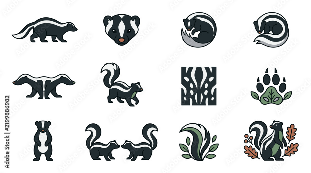 Fototapeta premium Vector illustration of an Eastern Spotted Skunk featuring its unique black and white spotted fur pattern and small body shape, isolated on a white background for graphic design.