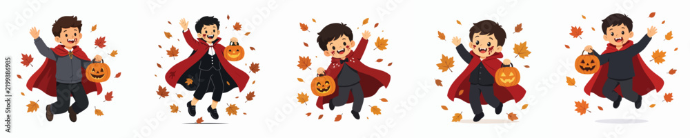 Fototapeta premium Vector illustration of a little boy in a vampire costume happily jumping to celebrate Halloween.