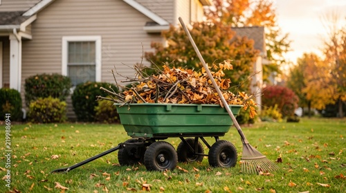 Green garden cart filled with dry autumn leaves and a rake on a suburban lawn