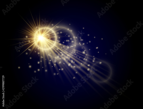 Abstract golden glowing spiral with radiant light rays and sparkling particles on dark background.