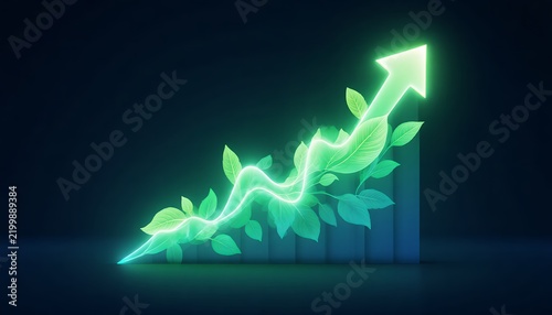 Growth Chart with Upward Arrow and Green Leaves on Blue Background