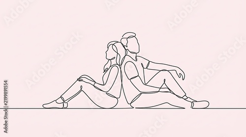 IA generated continuous line art drawing of a romantic couple on a soft pink background.