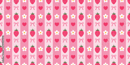 Cute strawberry seamless pattern with white flowers, pink hearts, bows, and stripes. Sweet coquette summer vector.