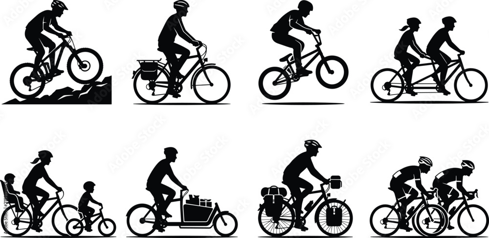 Obraz premium Set of black silhouettes of people riding different types of bicycles and cycling activities