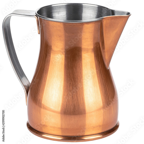 Polished Copper Pitcher with Stainless Steel Handle and Spout Isolated on Green Background