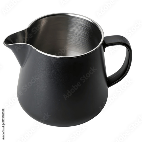 Matte Black Stainless Steel Milk Frothing Pitcher with Handle and Pour Spout on Green Background