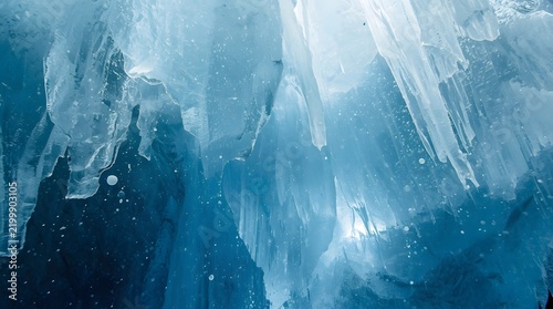 Abstract underwater macro view of frozen ice with trapped air bubbles in cold arctic ocean water texture