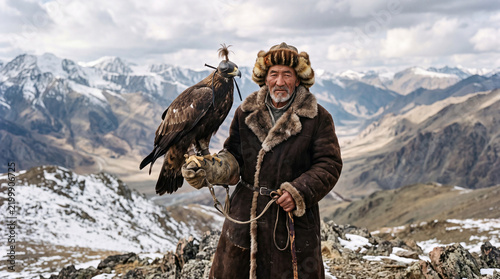 Kazakh eagle hunter stands with his golden eagle on snowy mountains