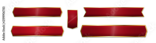 Elegant red satin luxury ribbons with golden frames for festive banners isolated on white background