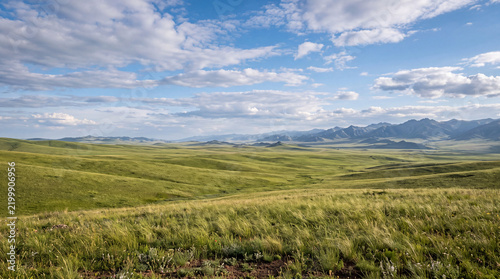 Rolling green hills stretch across a vast landscape under a blue sky