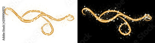 Abstract golden flowing wave lines with shining glitter particles on white and dark backgrounds for luxury elegant designs