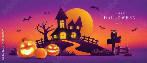 Paper Graphic Style Halloween Theme Banner with Group of Jack O Lantern