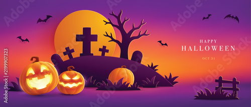 Paper Graphic Style Halloween Theme Banner with Group of Jack O Lantern