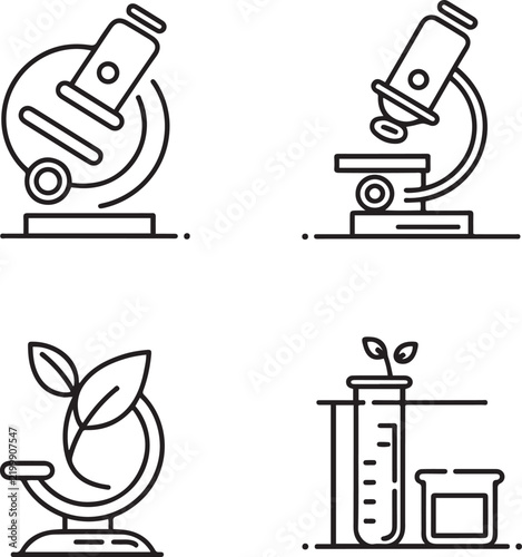 Microscope Line Art Icons for Science and Research Design

