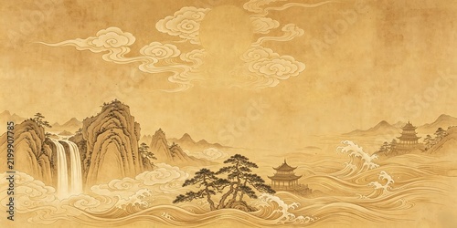 Golden Brown Landscape Sun Auspicious Clouds Waterfall Pine Trees Pavilion Stylized Waves Gold Leaf Traditional Chinese Painting