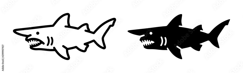 Fototapeta premium Two Shark Icons: Outline and Silhouette, Fierce Marine Predators, Ocean Wildlife Graphics