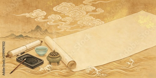 Blank Scroll Brushes Inkstone Tea Bowl Incense Burner Auspicious Clouds Stylized Waves Gold Leaf Traditional Chinese Painting