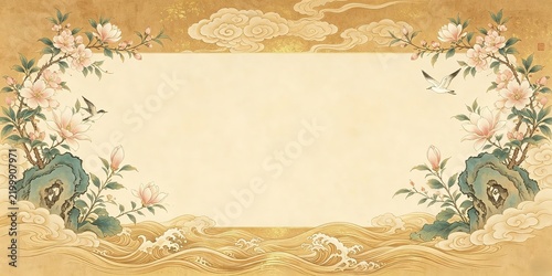 Floral Frame Pink Magnolia Branches Birds Scholar Rocks Auspicious Clouds Stylized Waves Gold Leaf Gongbi Style