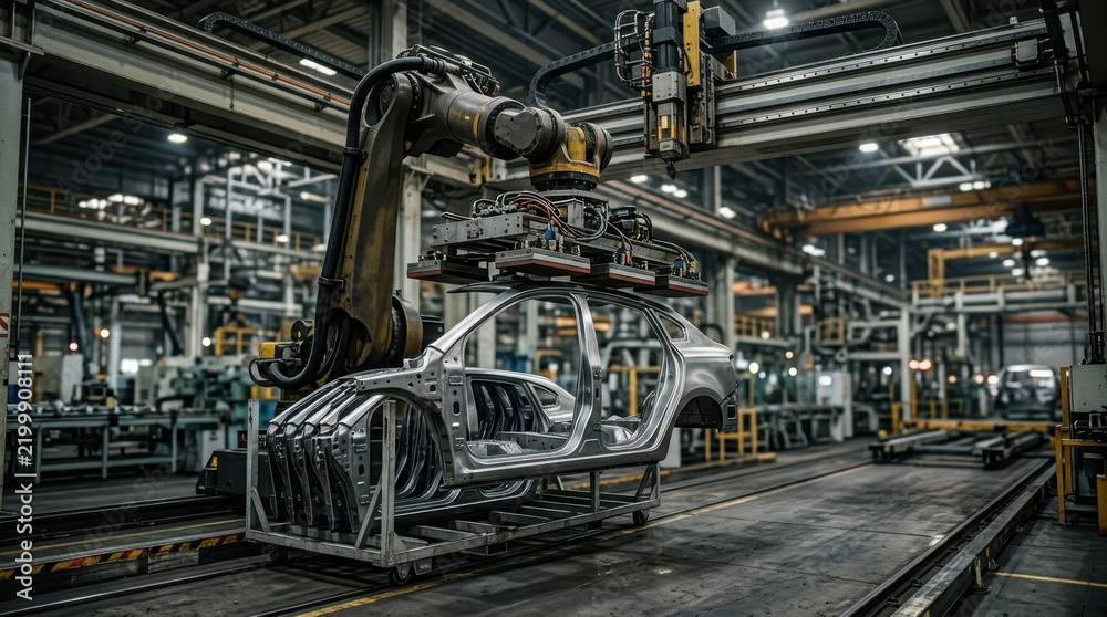 Fototapeta premium Automated robotic arm manufacturing car body in modern factory