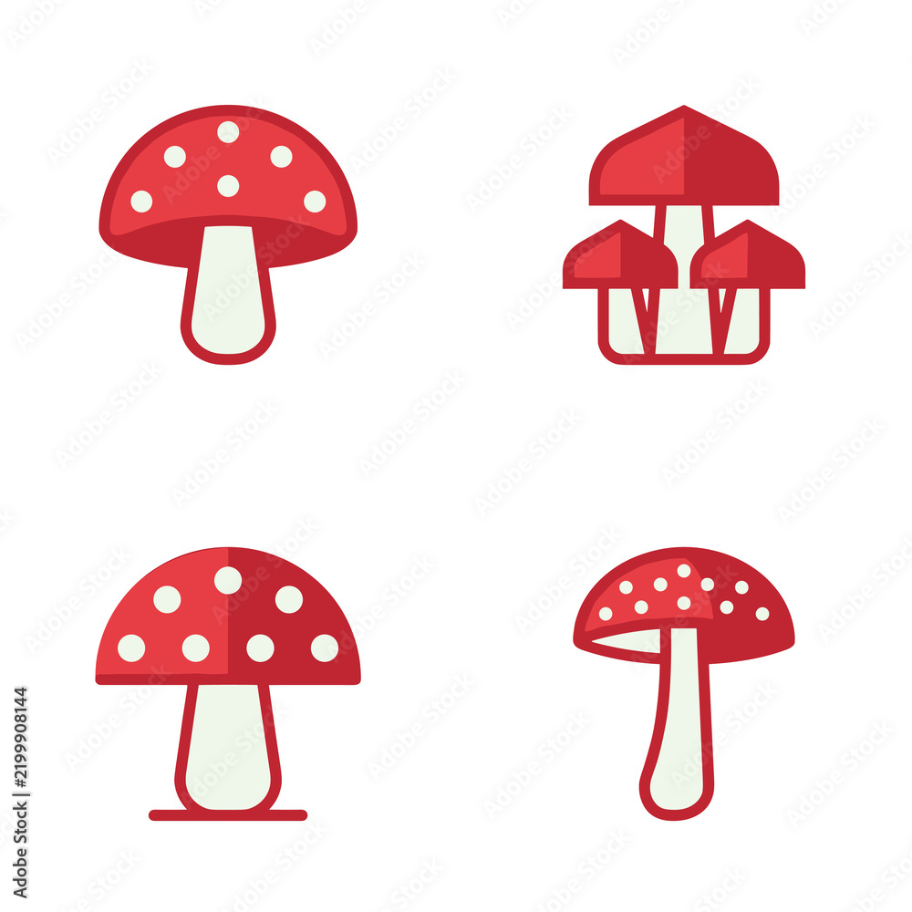 Obraz premium Red and white spotted mushroom illustration, Amanita muscaria fly agaric fungus icon isolated on white background, stylized vector graphic of a toadstool with white dots and thick stalk.