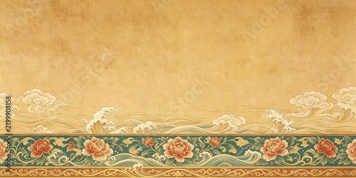 Decorative Border Red And Pink Peonies Stylized Waves Gold Leaf Background Blank Center Traditional Chinese Painting
