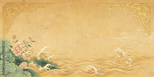 Decorative Border Golden Peonies Teal Stylized Waves Auspicious Clouds Blank Center Gold Leaf Gongbi Style Ornate