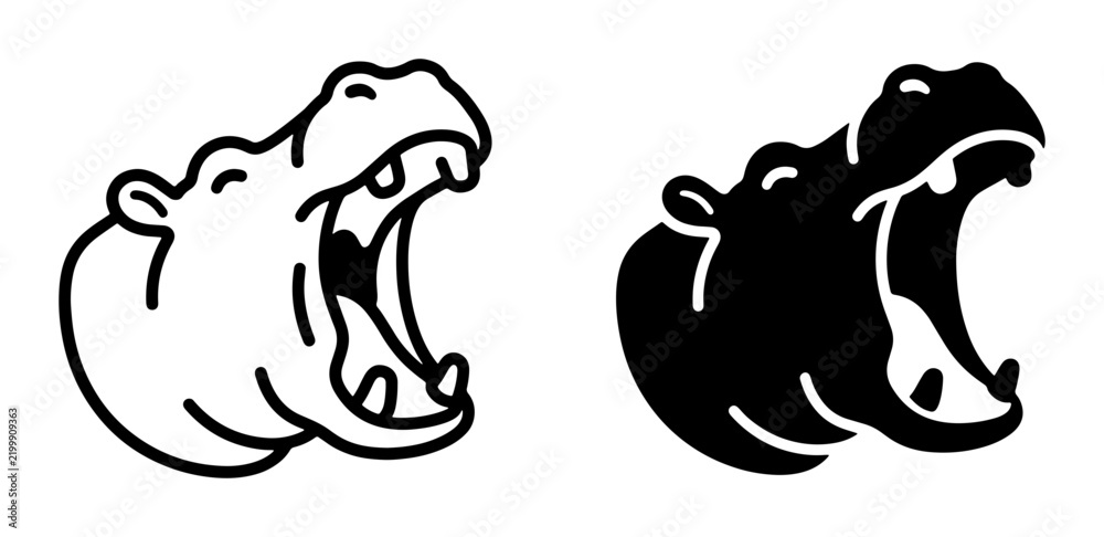 Fototapeta premium Hippopotamus Head Icons, Open Mouth Vector Art, Black and White Animal Graphics for Wildlife and Safari Themes