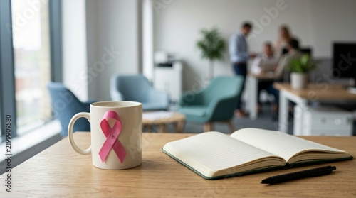Pink ribbon on coffee mug with open notebook on wooden office desk. Breast Cancer Awareness Month campaign and workplace support concept