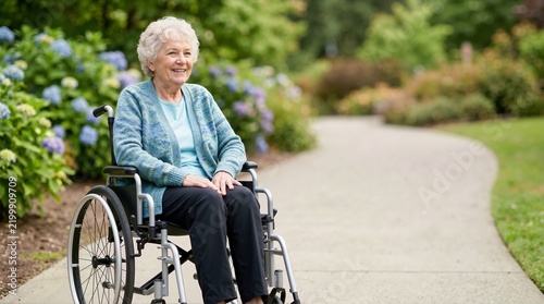 Senior woman sitting in a wheelchair smiling outdoors on a park path. Elderly person with mobility equipment in a garden